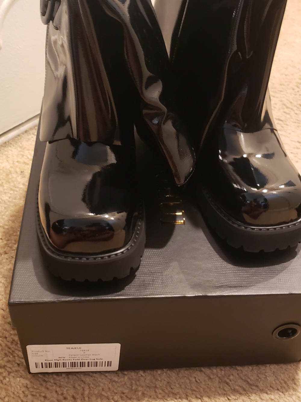 Women’s Black Patent Combat Boots with Lug Sole